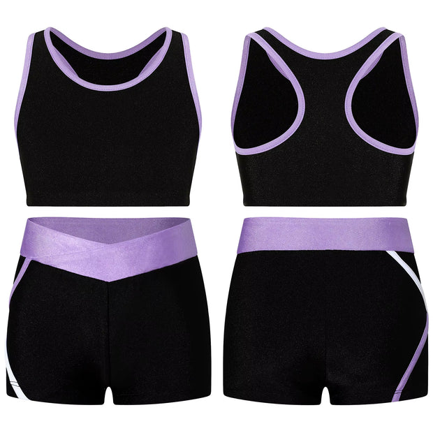 Kids Girls Workout Gymnastics Outfits Sleeveless Crop Top with Shorts Gym Running Sports Dance Performance Activewear Sportswear