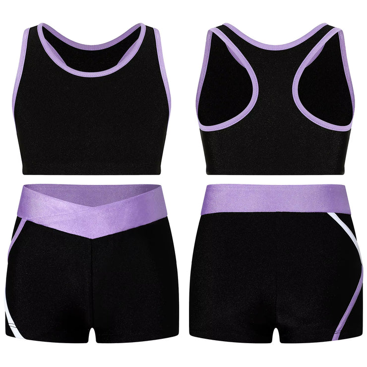 Kids Girls Workout Gymnastics Outfits Sleeveless Crop Top with Shorts Gym Running Sports Dance Performance Activewear Sportswear