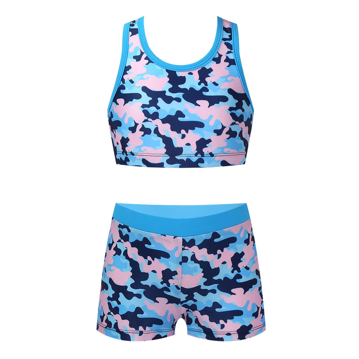 Girls Two Pieces Printed Swimwear Swimsuits Tank Top + Shorts Kids Tracksuits Ballet Gym Outfits Summer Childrens Bathing Suits