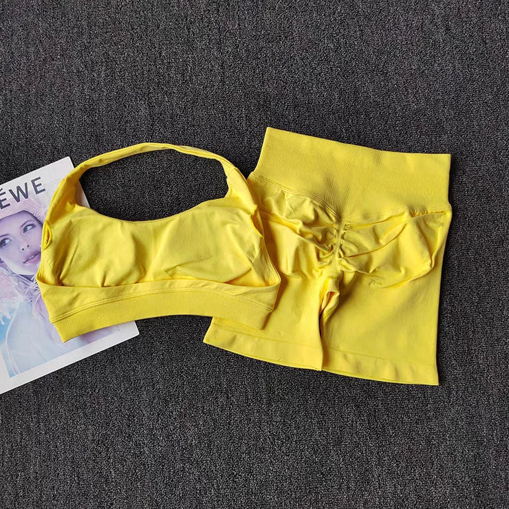 2 Pieces Yoga Suit for Women Seamless Fitness Gym Clothes Halter Sports Bra Matching Impact Shorts Workout Sets Gym Outfit