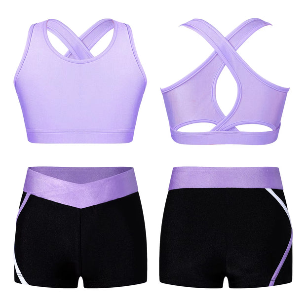 Kids Girls Workout Gymnastics Outfits Sleeveless Crop Top with Shorts Gym Running Sports Dance Performance Activewear Sportswear