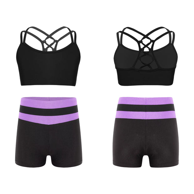 Kids Girls Workout Gymnastics Outfits Sleeveless Crop Top with Shorts Gym Running Sports Dance Performance Activewear Sportswear