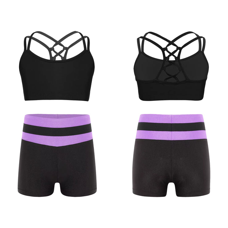 Kids Girls Workout Gymnastics Outfits Sleeveless Crop Top with Shorts Gym Running Sports Dance Performance Activewear Sportswear