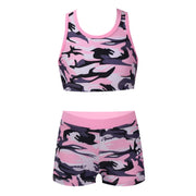 Girls Two Pieces Printed Swimwear Swimsuits Tank Top + Shorts Kids Tracksuits Ballet Gym Outfits Summer Childrens Bathing Suits