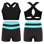 Kids Girls Workout Gymnastics Outfits Sleeveless Crop Top with Shorts Gym Running Sports Dance Performance Activewear Sportswear