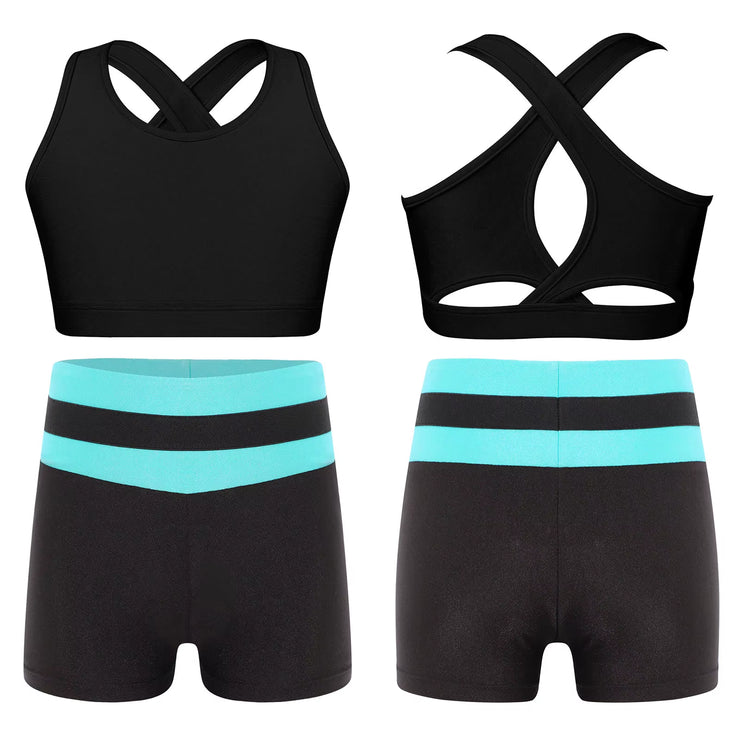 Kids Girls Workout Gymnastics Outfits Sleeveless Crop Top with Shorts Gym Running Sports Dance Performance Activewear Sportswear