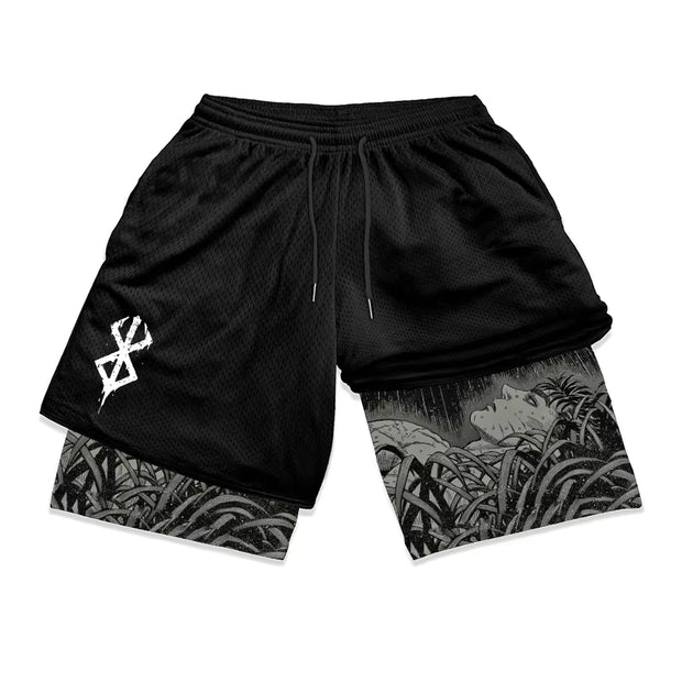 2 in 1 Running Shorts for Men Berserk Print Gym Workout Fitness Athletic Shorts with Pockets Summer Activewear Quick Dry