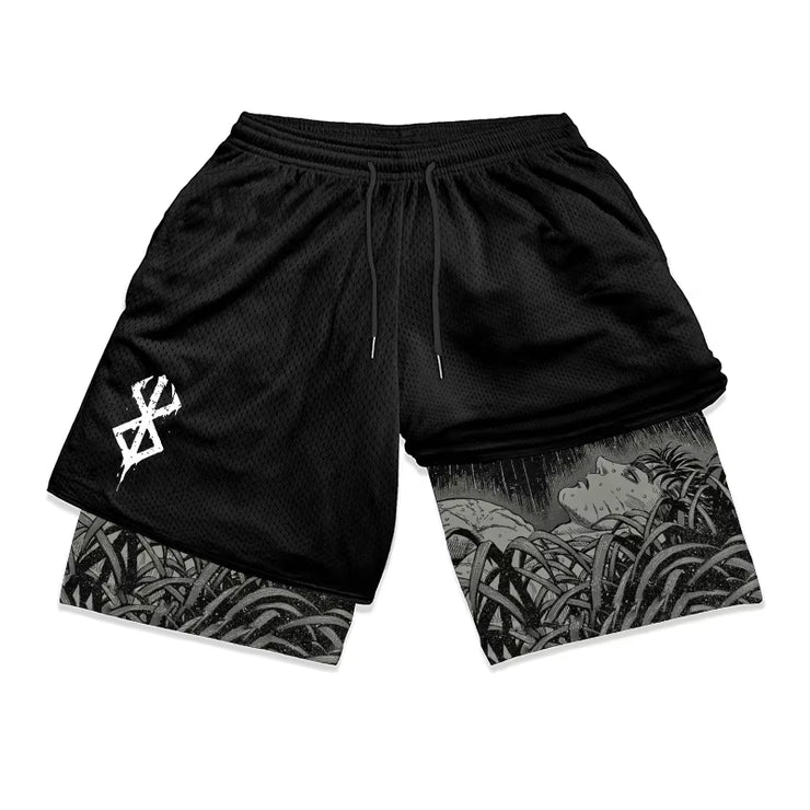2 in 1 Running Shorts for Men Berserk Print Gym Workout Fitness Athletic Shorts with Pockets Summer Activewear Quick Dry