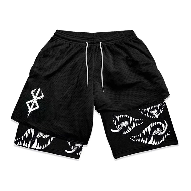 2 in 1 Running Shorts for Men Berserk Print Gym Workout Fitness Athletic Shorts with Pockets Summer Activewear Quick Dry