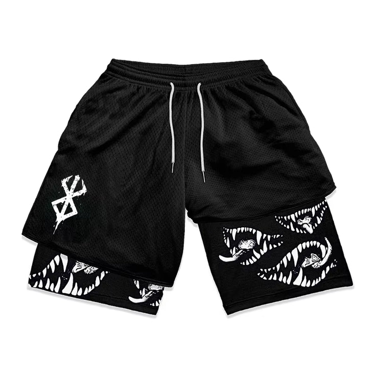 2 in 1 Running Shorts for Men Berserk Print Gym Workout Fitness Athletic Shorts with Pockets Summer Activewear Quick Dry