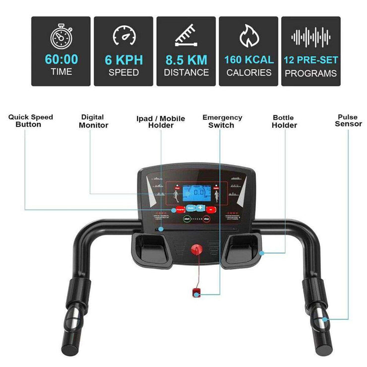 Electric Motorised Treadmill Folding Running Walking Machine Home Gym 9% Incline