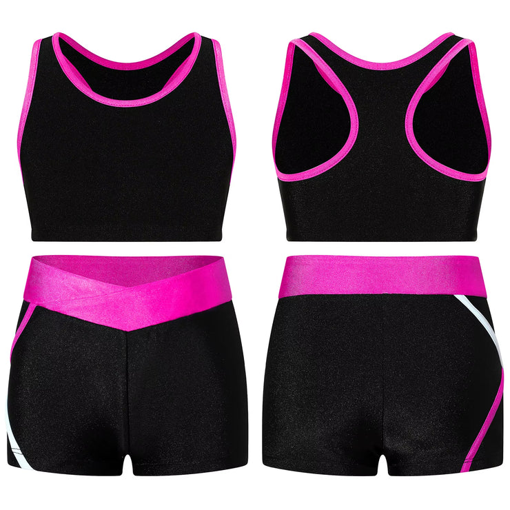 Kids Girls Workout Gymnastics Outfits Sleeveless Crop Top with Shorts Gym Running Sports Dance Performance Activewear Sportswear