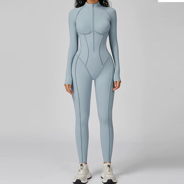 Yoga Suit Seamless Jumpsuit Summer Long Sleeve Zipper Sports Wear Gym Fitness Bodysuits Women Running Workout Clothes