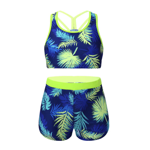 Girls Two Pieces Printed Swimwear Swimsuits Tank Top + Shorts Kids Tracksuits Ballet Gym Outfits Summer Childrens Bathing Suits