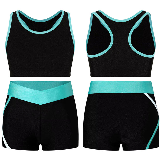 Kids Girls Workout Gymnastics Outfits Sleeveless Crop Top with Shorts Gym Running Sports Dance Performance Activewear Sportswear