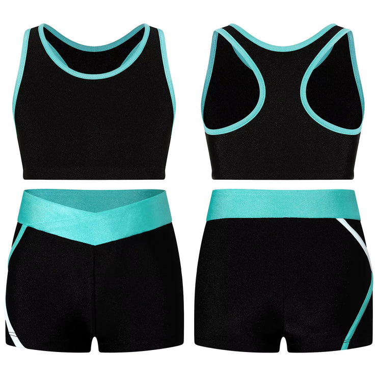 Kids Girls Workout Gymnastics Outfits Sleeveless Crop Top with Shorts Gym Running Sports Dance Performance Activewear Sportswear