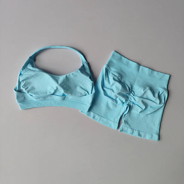 2 Pieces Yoga Suit for Women Seamless Fitness Gym Clothes Halter Sports Bra Matching Impact Shorts Workout Sets Gym Outfit