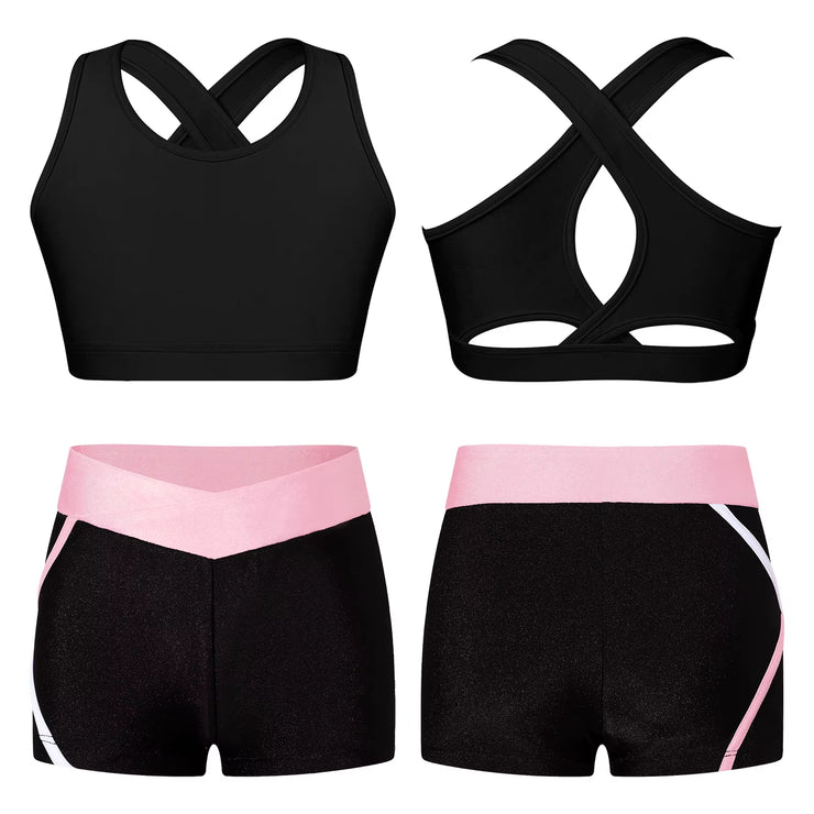 Kids Girls Workout Gymnastics Outfits Sleeveless Crop Top with Shorts Gym Running Sports Dance Performance Activewear Sportswear