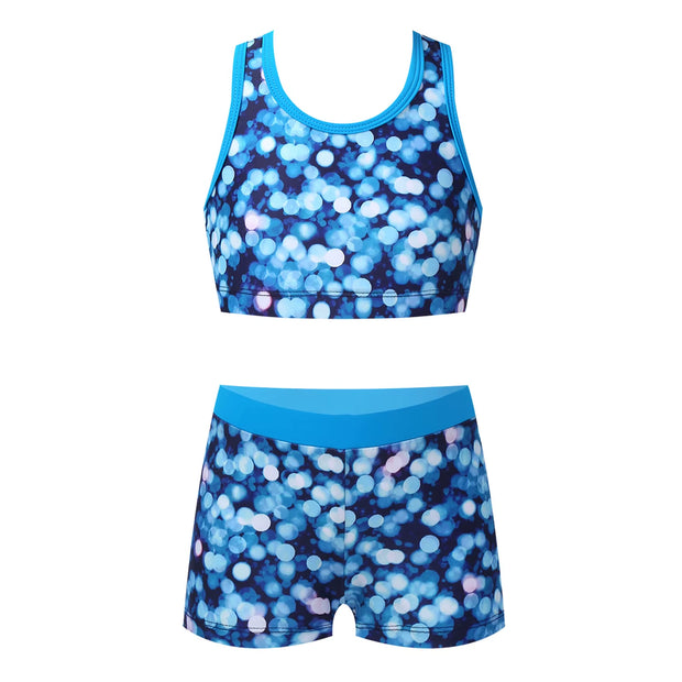Girls Two Pieces Printed Swimwear Swimsuits Tank Top + Shorts Kids Tracksuits Ballet Gym Outfits Summer Childrens Bathing Suits