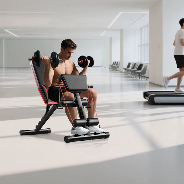 Adjustable Weight Bench, Utility Weight Bench, Home Exercise Equipment with Cushion Drawstring Support Bar for Full Body Workout