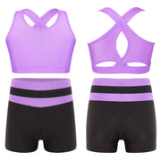 Kids Girls Workout Gymnastics Outfits Sleeveless Crop Top with Shorts Gym Running Sports Dance Performance Activewear Sportswear