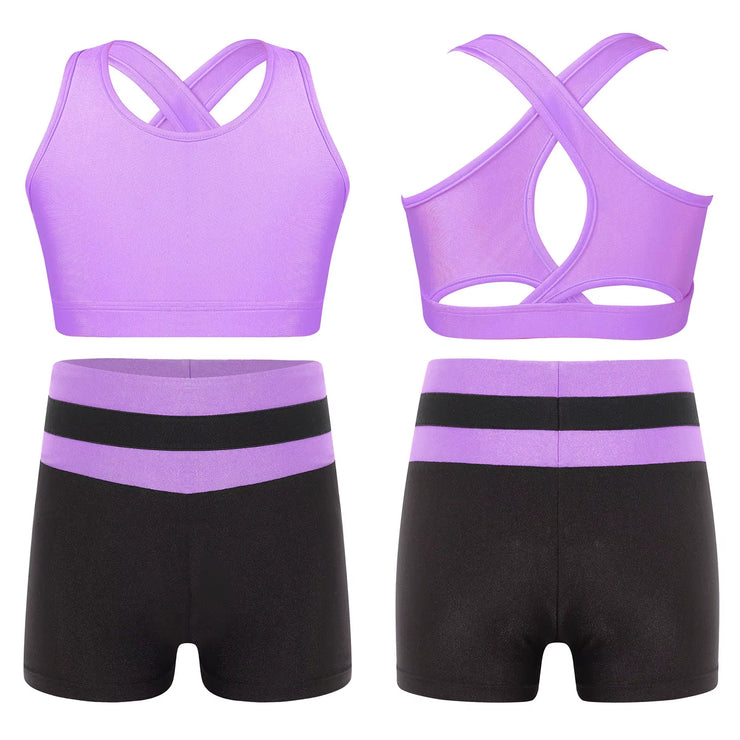 Kids Girls Workout Gymnastics Outfits Sleeveless Crop Top with Shorts Gym Running Sports Dance Performance Activewear Sportswear