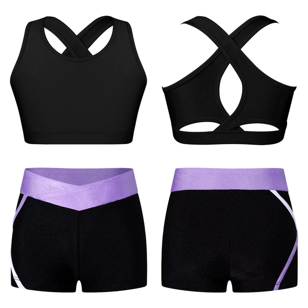 Kids Girls Workout Gymnastics Outfits Sleeveless Crop Top with Shorts Gym Running Sports Dance Performance Activewear Sportswear