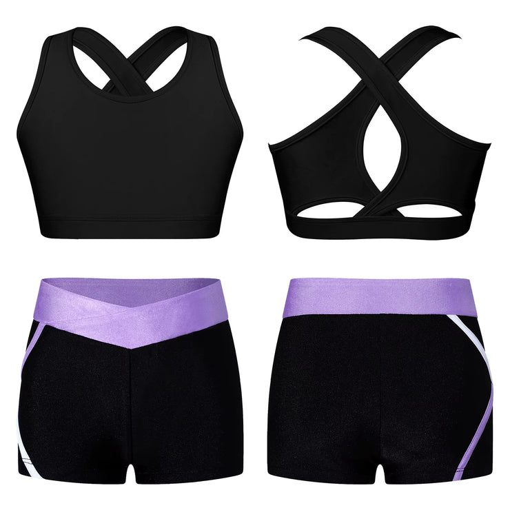Kids Girls Workout Gymnastics Outfits Sleeveless Crop Top with Shorts Gym Running Sports Dance Performance Activewear Sportswear
