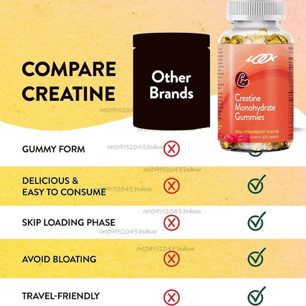 60 Pieces of Creatine Monohydrate Gummies Exercise to Restore Anaerobic Endurance, No Bloating, Strawberry Low Sugar