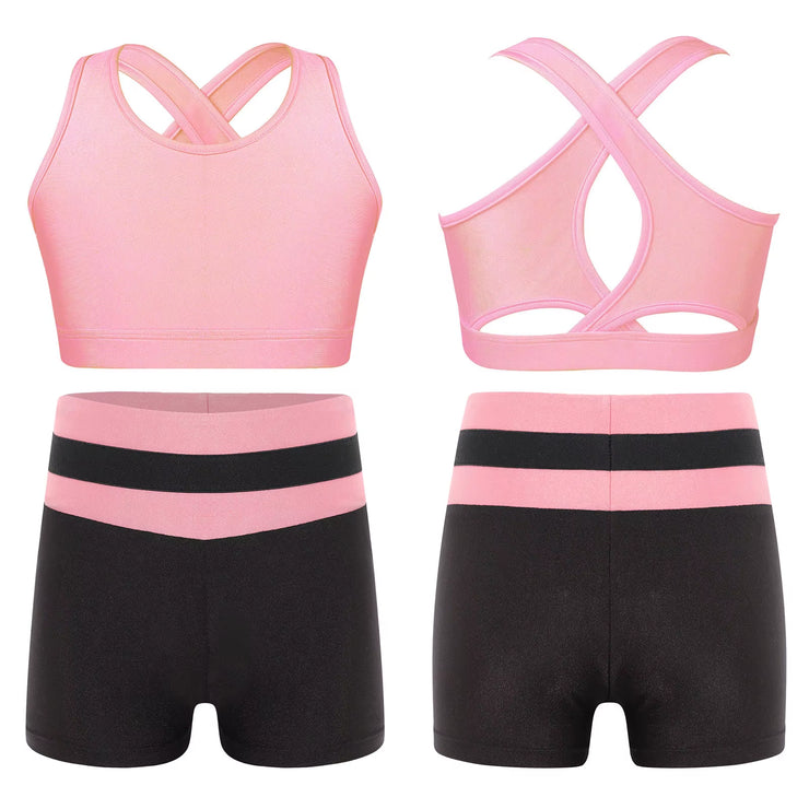 Kids Girls Workout Gymnastics Outfits Sleeveless Crop Top with Shorts Gym Running Sports Dance Performance Activewear Sportswear