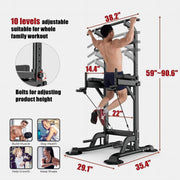 Power Tower Dip Station, Pull up Bar Stand Power Rack with Backrest and Resistance Band, Height Adjustable Strength Training Equipment for Fitness Home Workout, Black