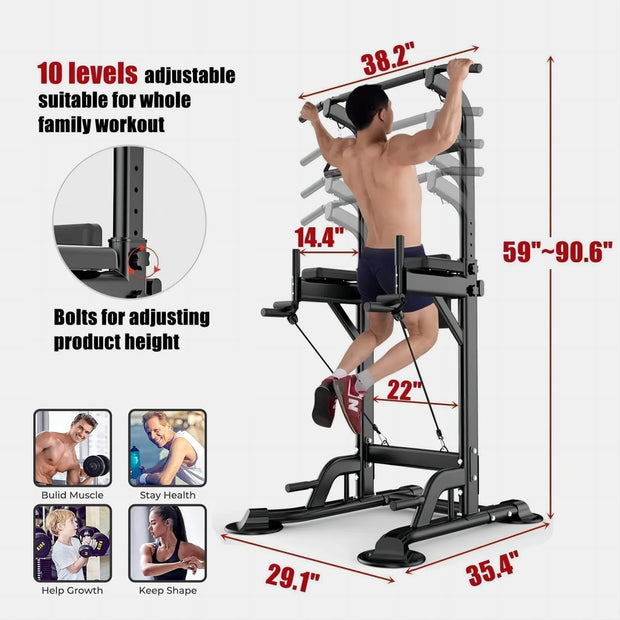 Power Tower Dip Station, Pull up Bar Stand Power Rack with Backrest and Resistance Band, Height Adjustable Strength Training Equipment for Fitness Home Workout, Black