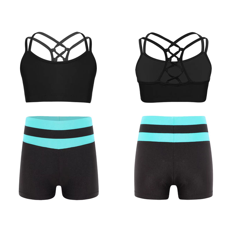 Kids Girls Workout Gymnastics Outfits Sleeveless Crop Top with Shorts Gym Running Sports Dance Performance Activewear Sportswear