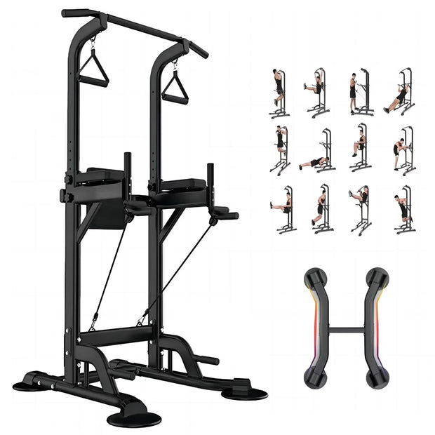 Power Tower Dip Station, Pull up Bar Stand Power Rack with Backrest and Resistance Band, Height Adjustable Strength Training Equipment for Fitness Home Workout, Black
