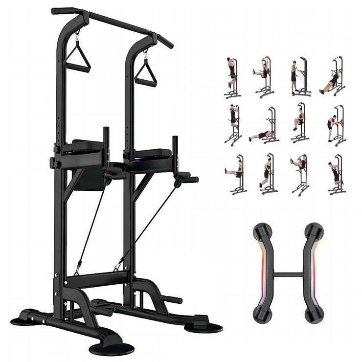 Power Tower Dip Station, Pull up Bar Stand Power Rack with Backrest and Resistance Band, Height Adjustable Strength Training Equipment for Fitness Home Workout, Black