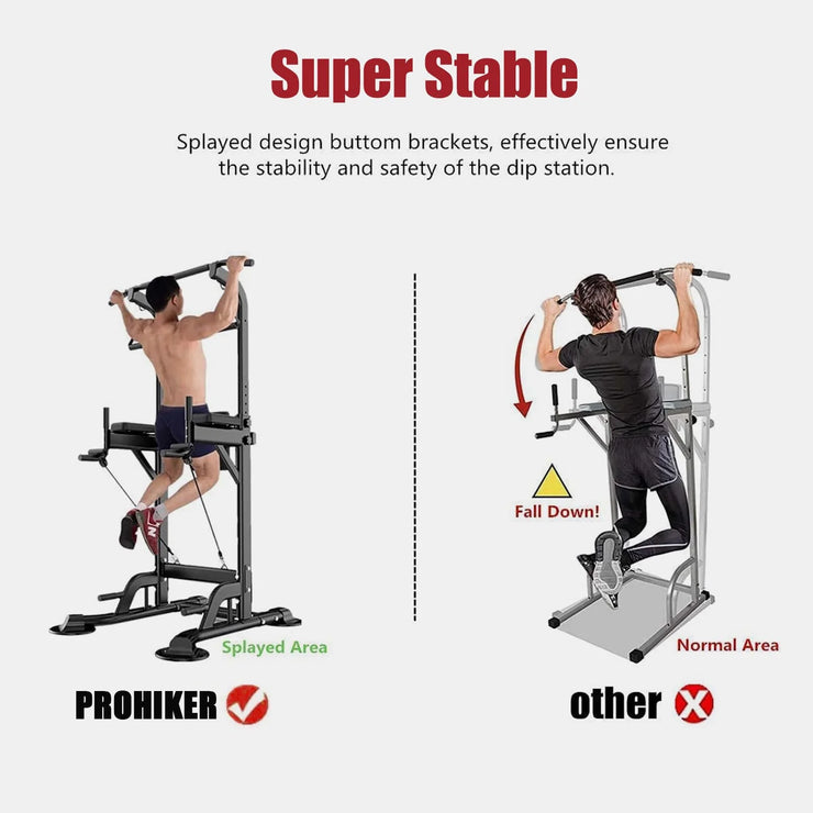Power Tower Dip Station, Pull up Bar Stand Power Rack with Backrest and Resistance Band, Height Adjustable Strength Training Equipment for Fitness Home Workout, Black