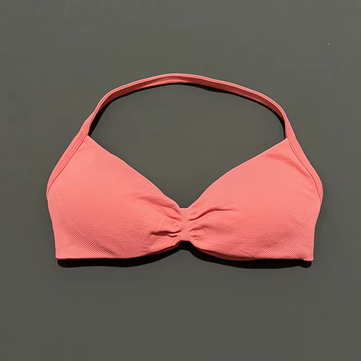 Impact Strappy Bra Gym Top Women High Support Thin Strap Halter Sports Seamless Bras Scrunch Push-Up Workout Yoga Tanks