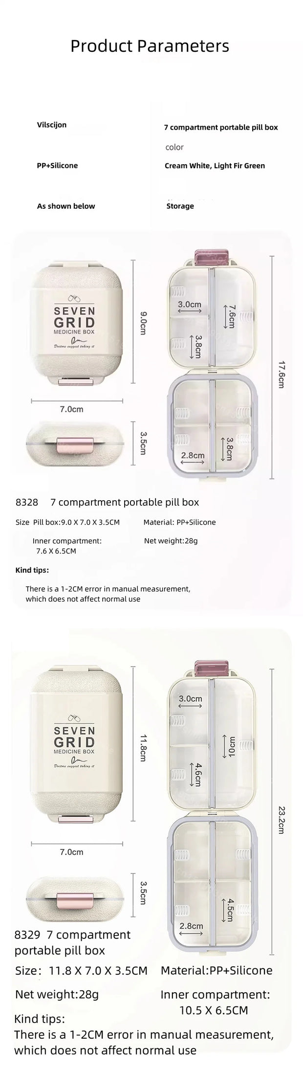 Weekly 7 Grids Pill Box Medicine Organizer Storage Box Container Portable Pill Case Portable Travel Pillboxes Tablets Holder