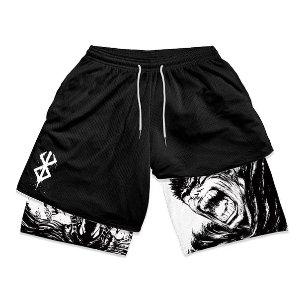 2 in 1 Running Shorts for Men Berserk Print Gym Workout Fitness Athletic Shorts with Pockets Summer Activewear Quick Dry