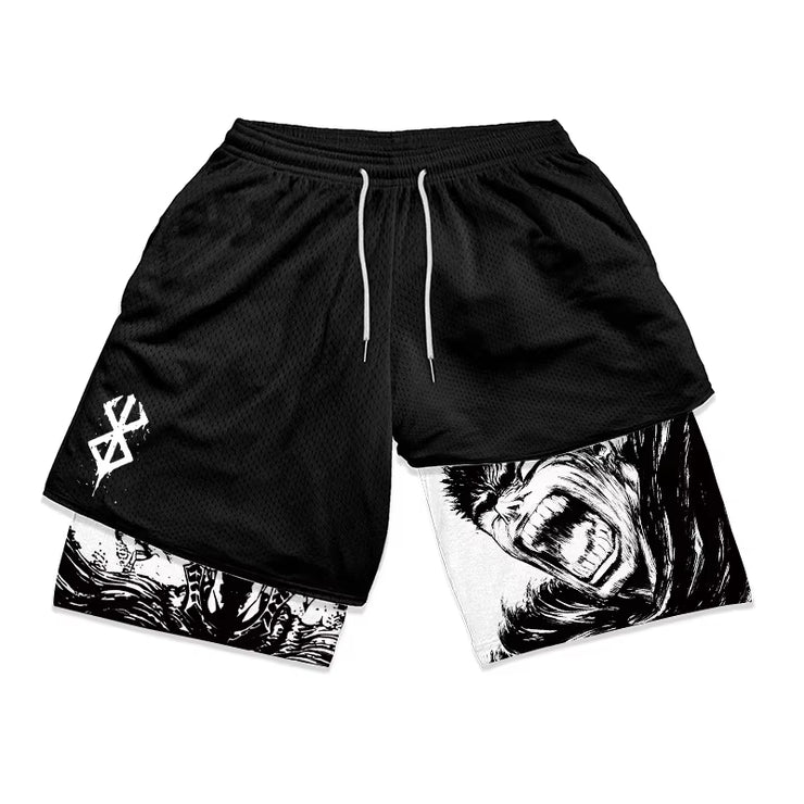2 in 1 Running Shorts for Men Berserk Print Gym Workout Fitness Athletic Shorts with Pockets Summer Activewear Quick Dry