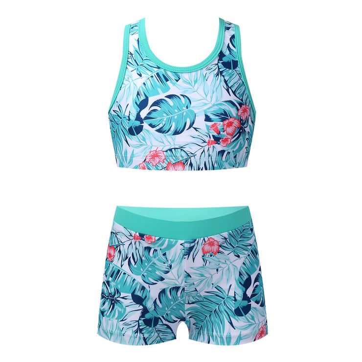 Girls Two Pieces Printed Swimwear Swimsuits Tank Top + Shorts Kids Tracksuits Ballet Gym Outfits Summer Childrens Bathing Suits
