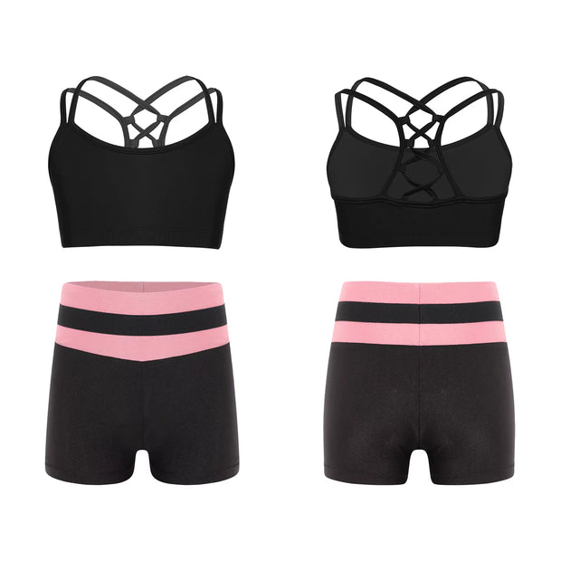 Kids Girls Workout Gymnastics Outfits Sleeveless Crop Top with Shorts Gym Running Sports Dance Performance Activewear Sportswear