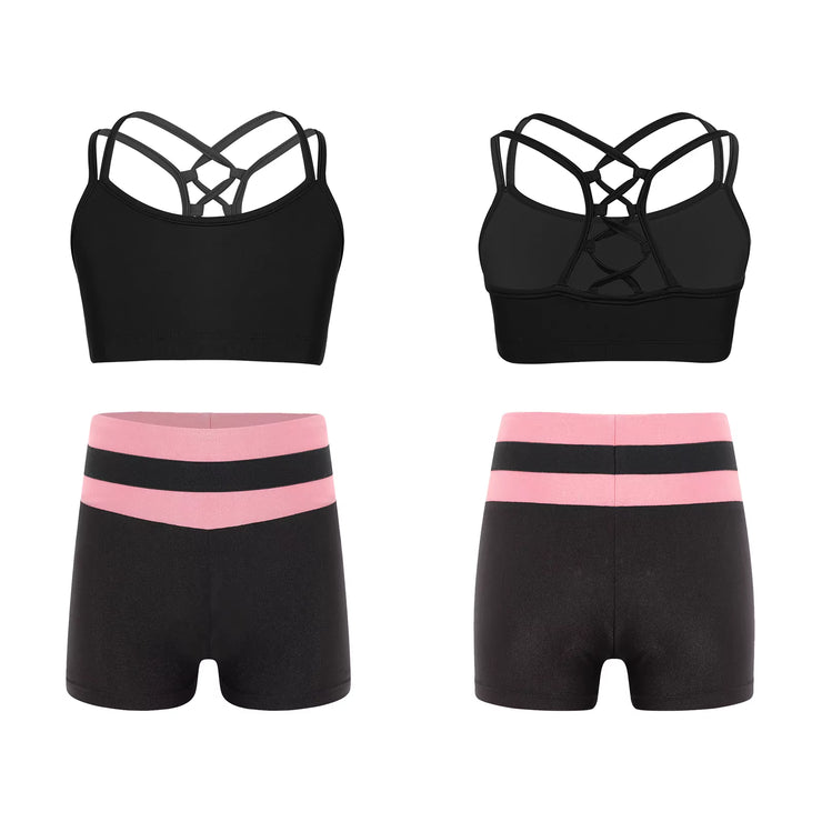 Kids Girls Workout Gymnastics Outfits Sleeveless Crop Top with Shorts Gym Running Sports Dance Performance Activewear Sportswear