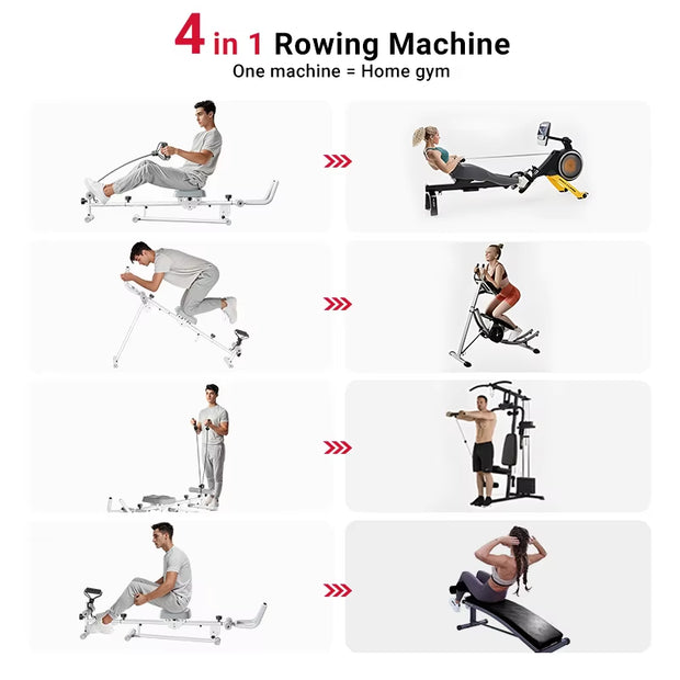 UMAY 4-In-1 Ab-Trainer Combined Rowing Machine with Adjustable Height Levels, Elastic Band Attached Abdominal Machine.