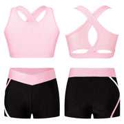 Kids Girls Workout Gymnastics Outfits Sleeveless Crop Top with Shorts Gym Running Sports Dance Performance Activewear Sportswear