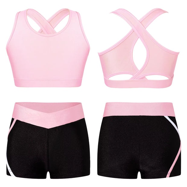 Kids Girls Workout Gymnastics Outfits Sleeveless Crop Top with Shorts Gym Running Sports Dance Performance Activewear Sportswear