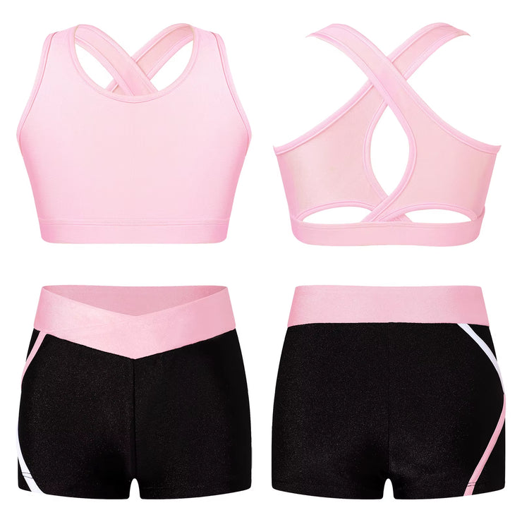 Kids Girls Workout Gymnastics Outfits Sleeveless Crop Top with Shorts Gym Running Sports Dance Performance Activewear Sportswear