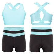 Kids Girls Workout Gymnastics Outfits Sleeveless Crop Top with Shorts Gym Running Sports Dance Performance Activewear Sportswear