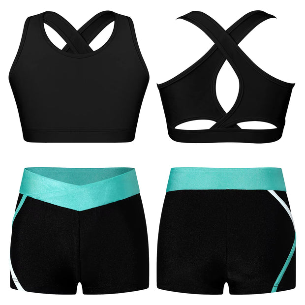 Kids Girls Workout Gymnastics Outfits Sleeveless Crop Top with Shorts Gym Running Sports Dance Performance Activewear Sportswear