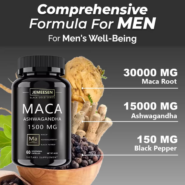 Organic Maca Root Powder Capsules 1500Mg Containing Maca Root Extract,Ashwagandha,Black Pepper, Supplements for Men